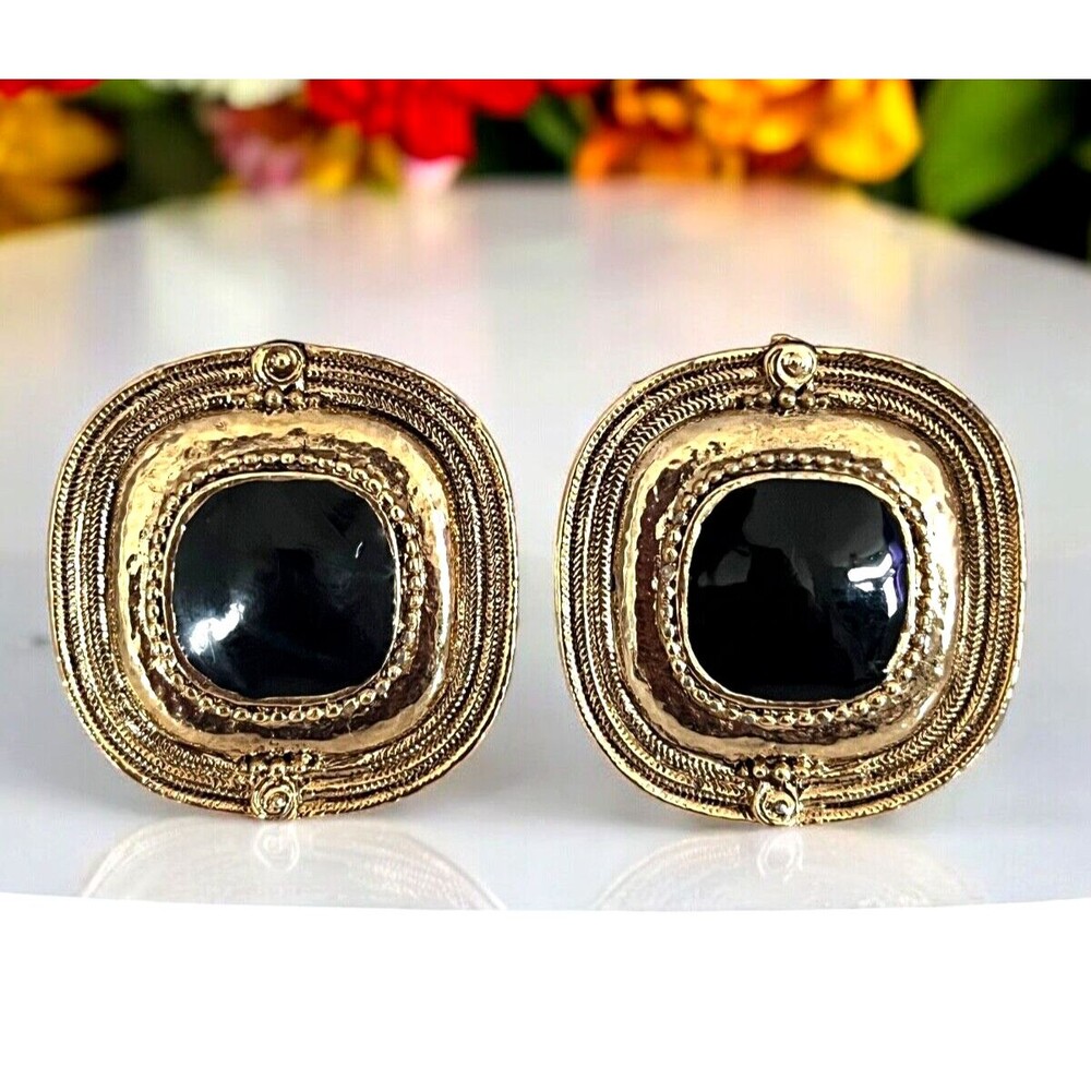 Vintage 1980s Etruscan Style Clip Earrings Black Enamel Gold Tone - 9L